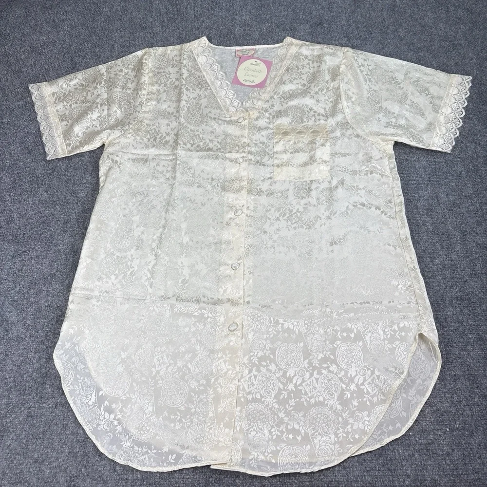 Elizabeth Lauren Womens L‎ Ivory Satin Jacquard Nightgown Lace Trim Coquette Y2K